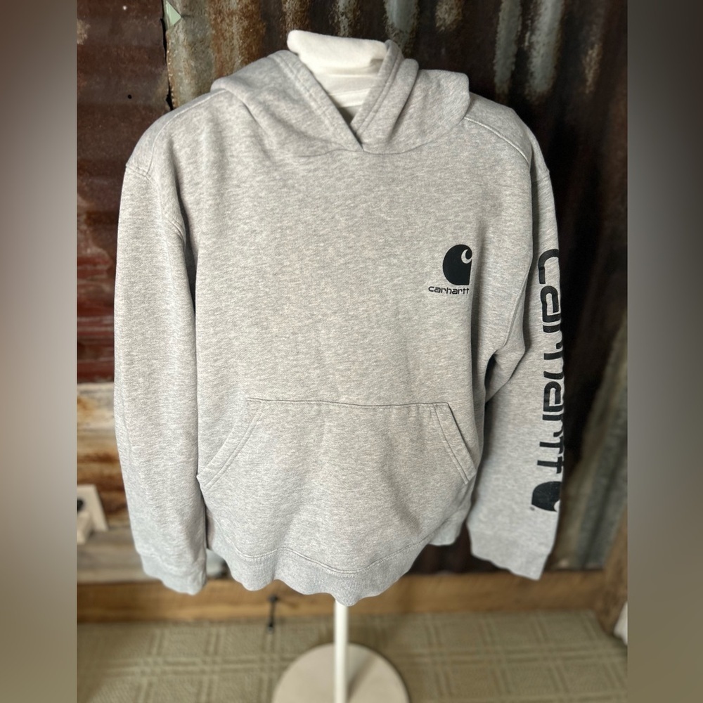 Carhartt Boys XL Gray Hoodie Logo  pullover Fleece Lined